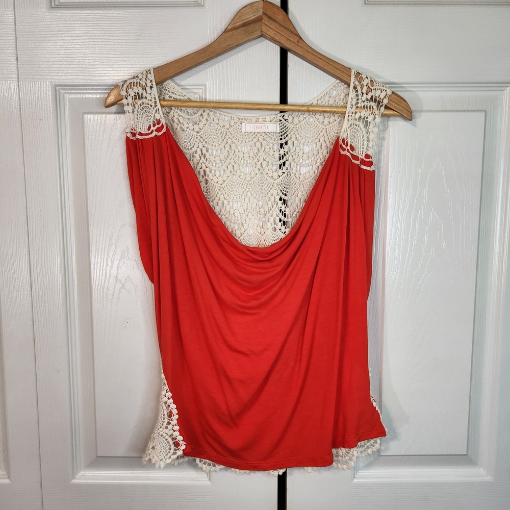 Chaslee Red Cowl Neck Sleeveless Top with Cream Crochet Lace Back Size M Boho